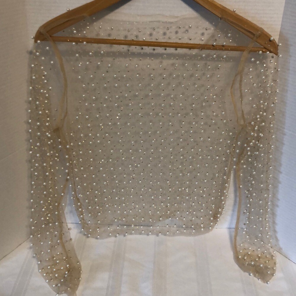 Pearl See Through Mesh Sheer Sexy Crop Top Mesh Blouse. Sz S?? 16.5 x19 -see pic